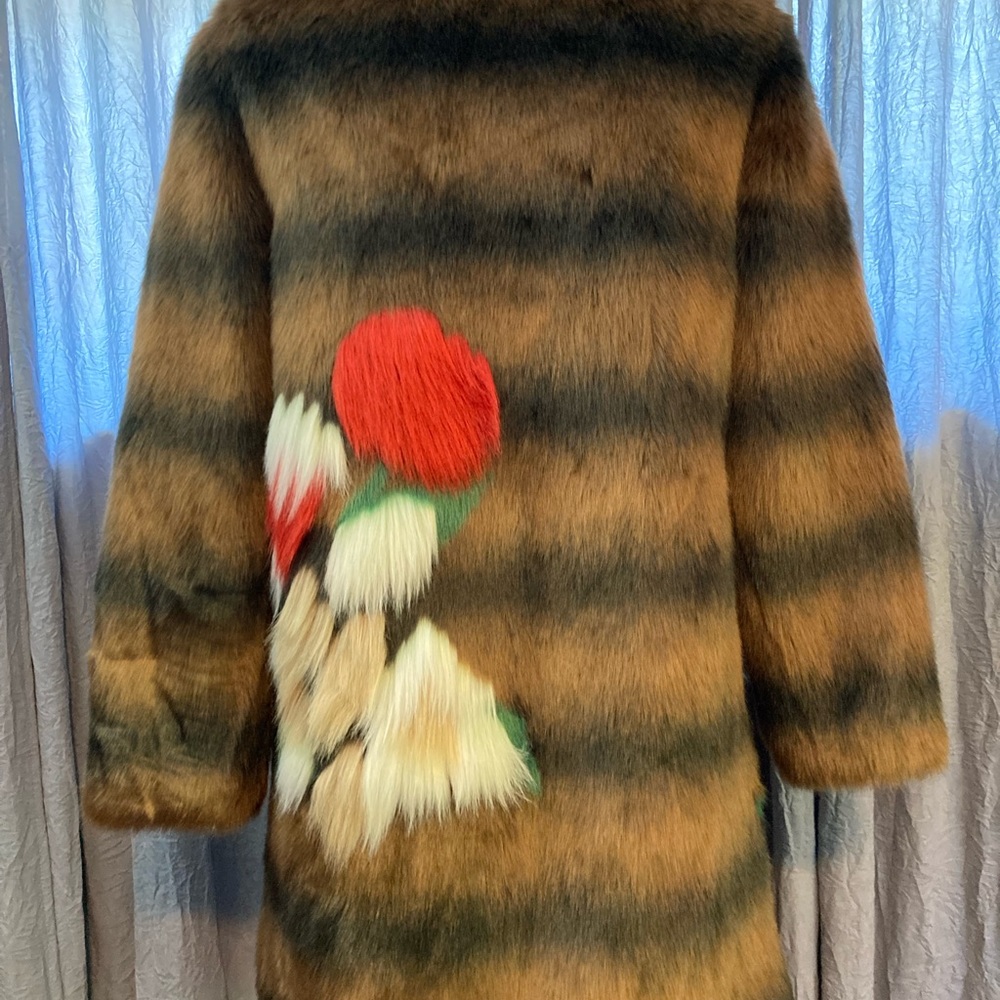 Zara Brown and Black Striped Faux Fur Coat with Red Floral Accents - Picture 3 of 6